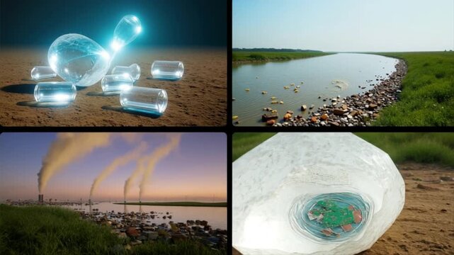 Conceptual collage showing plastic, polluted water, smoke, and e-waste