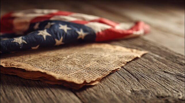 American Heritage: Antique Document and Flag on Weathered Wood Surface Reflecting History and Patriotism