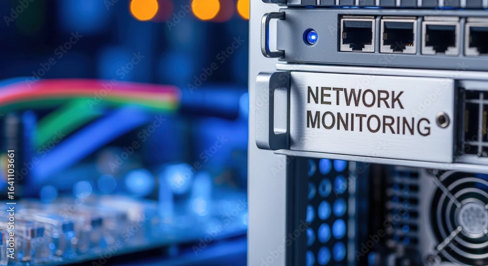 Poster network monitoring server hardware close-up: data center equipment for cybersecurity and system admi
