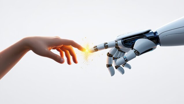 Human hand touching robotic hand generating bright spark on white background representing artificial intelligence, technological singularity, transhumanism and the future of humanity - Powered by Adobe