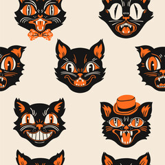 Halloween Cat portraits. Different faces, emotions. Retro, vintage, traditional tattoo style. Hand drawn trendy Vector illustration. Square seamless Pattern, background, wallpaper
