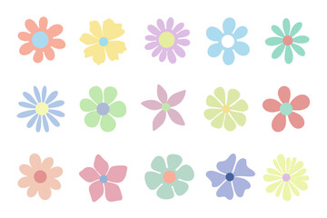 A set of different multicolored abstract colors isolated on a white background. Vector illustration, flat design. Botanical blooming element, retro style. Flower icon collection for decoration, design