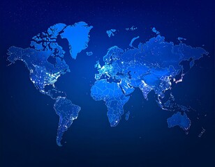 Illuminated world map on dark blue background, showing city lights