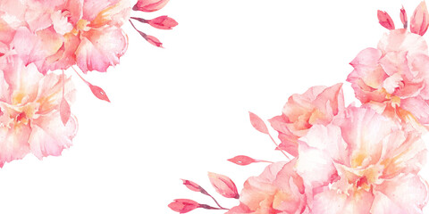 Pastel peach oleander flower with buds hand drawn watercolor illustration isolated on white. Beautiful elegant floral frame for wedding, holiday, exotic, travel designs, cards, invitations, posters