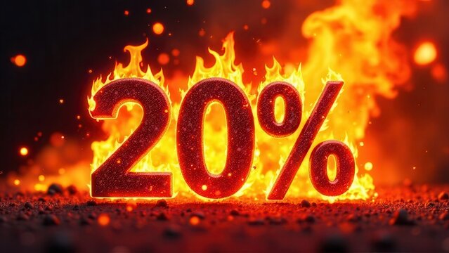 Red hot twenty percent discount symbol blazing in flames against a dark background, embodying the essence of hot deals, significant sales, and enticing price reductions