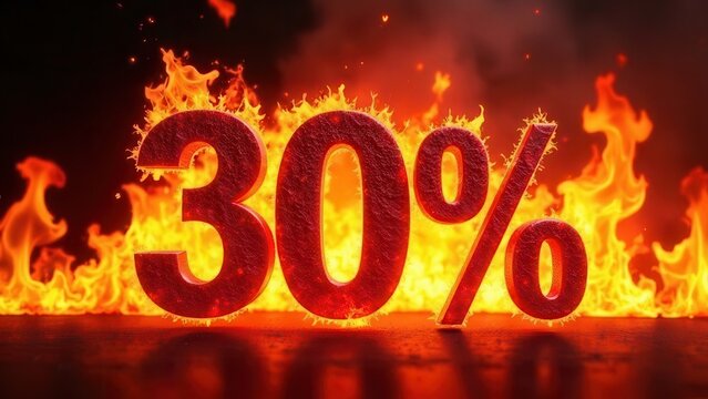 Fiery 30 percent symbol blazing in intense flames, capturing the thrill of limited time offers and enticing price reductions, igniting excitement and temptation in shoppers