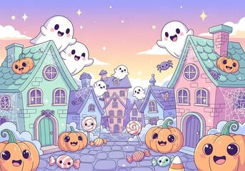 Fototapeta premium Kawaii Halloween village illustration, cute ghosts and pumpkins in a pastel town, whimsical spooky neighborhood with candy and haunted houses