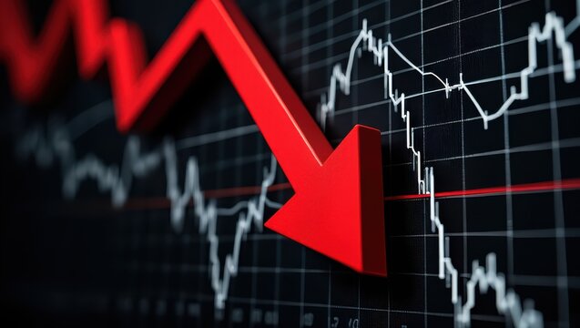 Large, vibrant red arrow dramatically descends across a dark stock market chart, signifying a significant downturn or decline in financial performance