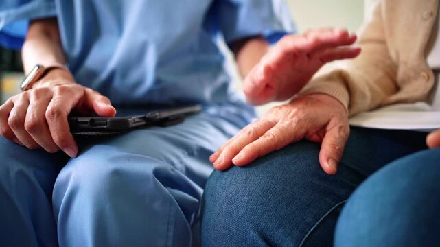 Close-up of a nurse in blue scrubs gently resting her hand on a senior woman&rsquo;s hand, symbolizing care, empathy, and trust in professional home healthcare and elderly support services.