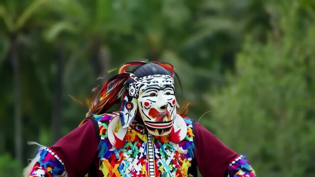 A vibrant, colorful mask dance performance