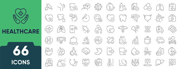 Healthcare and medicine icon set in linear style. Collection of 66 outline icons representing medical services, treatment, hospital, pharmacy, and wellness. Editable stroke.