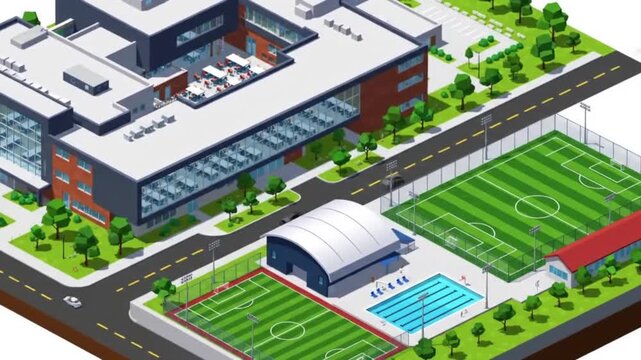 Vibrant isometric campus scene with modern buildings, sports fields, and swimming pool