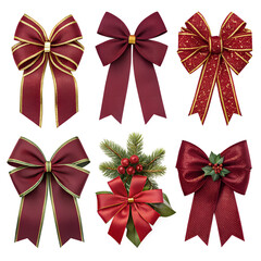 A festive set of red satin gift bows with ribbons for Christmas, holidays, and celebrations