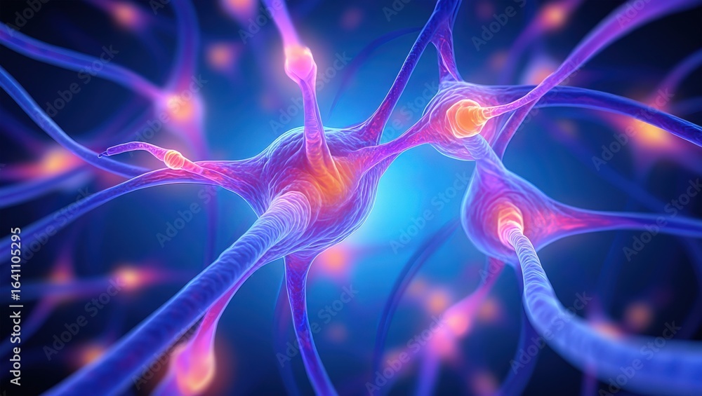 Poster microscopic view of active neurons transmitting electrical signals through synapses, representing th