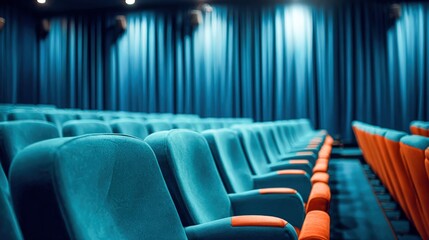 Naklejka premium Empty Movie Theater Seats with Blue Curtains and Orange Accents, Ready for Show Time