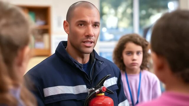 Firefighter educates schoolchildren on fire extinguisher use and safety.