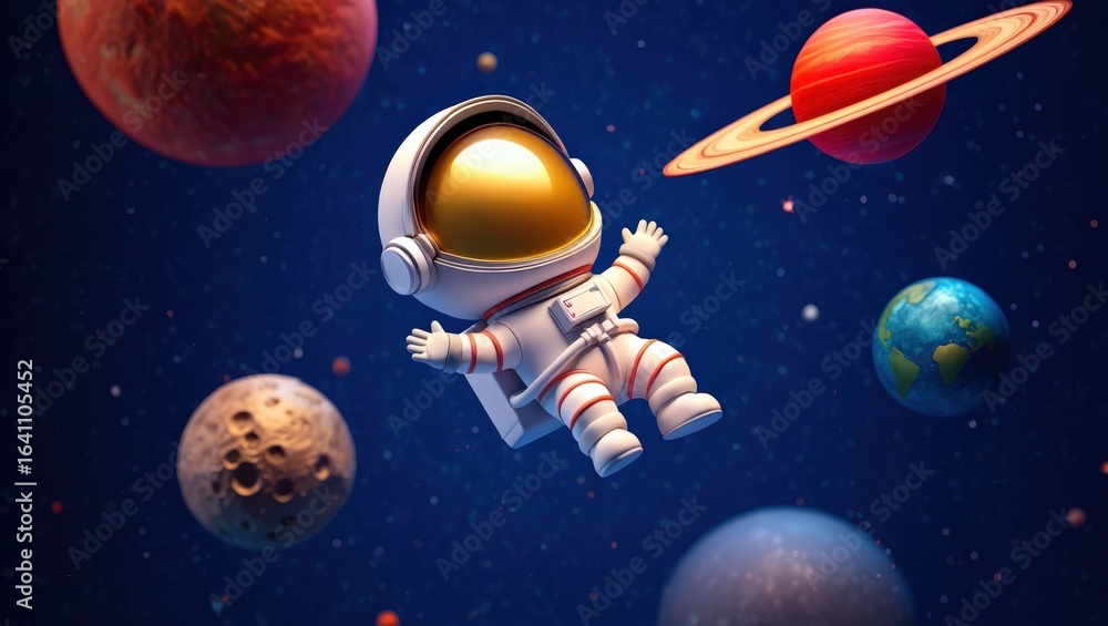 Poster cartoon astronaut floating in space with arms opened surrounded by colorful planets, stars and nebul