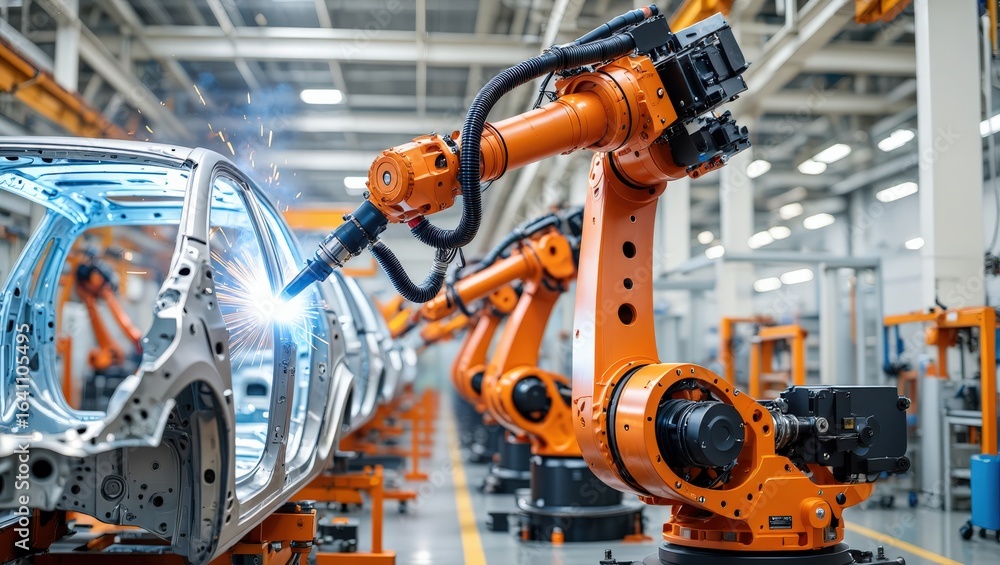 Poster automated robotic arms executing precise spot welding on car body frames within an advanced producti