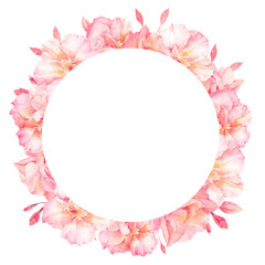 Fototapeta premium Oleander flowers with buds pastel pink hand drawn watercolor illustration wreath isolated on white background. Beautiful elegant floral round frame for wedding, holiday design, cards, invitation