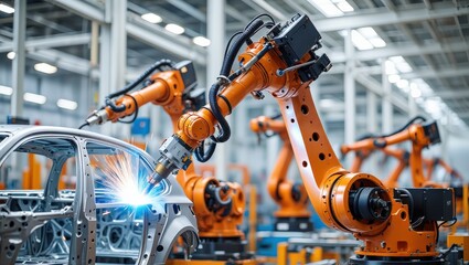 Team of robotic arms performing spot welding on car body in automated automotive factory, showcasing advanced automation in modern car manufacturing