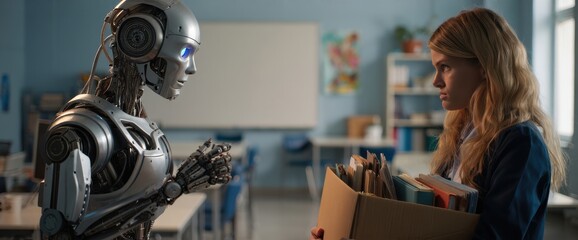Humanoid robot is replacing a sad teacher holding a box with books and documents in a school classroom, depicting the concept of artificial intelligence and job displacement