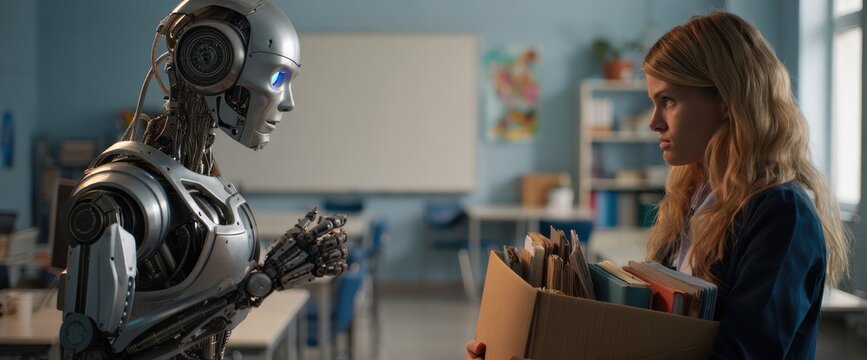 Humanoid robot is replacing a sad teacher holding a box with books and documents in a school classroom, depicting the concept of artificial intelligence and job displacement