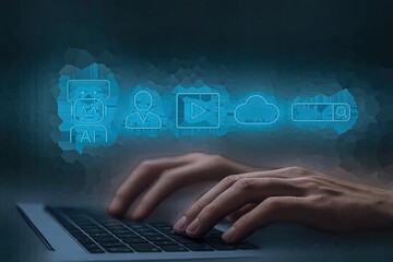 AI Integration: Hands Typing on Laptop with AI, User, Video, Cloud, Search Icons Overlay