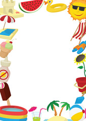 Colorful summer vacation frame border with beach and pool icons surrounding white copyspace, representing summertime fun and relaxation