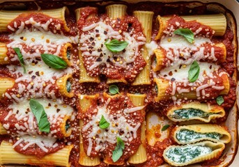Fototapeta premium Delicious baked rigatoni with spinach filling, tomato sauce and mozzarella