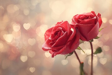 Romantic Red Roses in Soft Focus Background with Heart-shaped bokeh