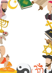 Different religious symbols and figures are creating a frame with a white empty space in the center