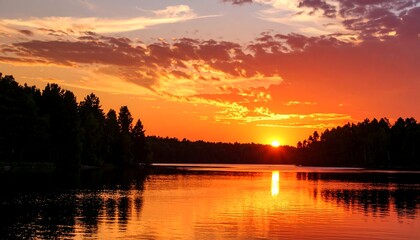 Obraz premium Fiery sunset over calm lake, silhouetted trees