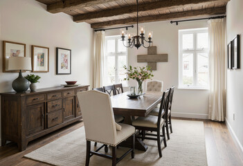 A charming and rustic modern farmhouse dining room featuring exposed wood ceiling beams and a classic chandelier for a warm and inviting family gathering space.
