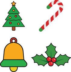 Festive Christmas Icons Christmas Tree, Candy Cane, Bell, Holly