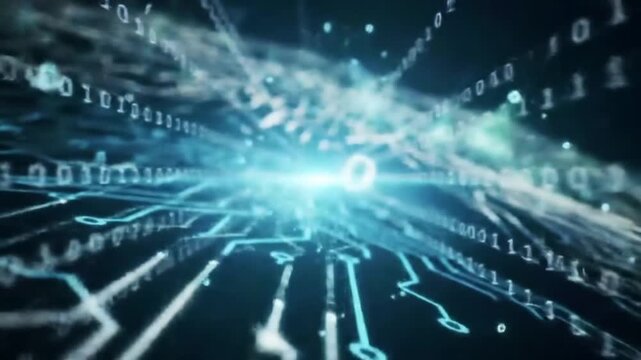 Dynamic digital stream of binary code and glowing circuits, representing data flow.