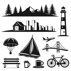 Black and white travel icons, including nature, city