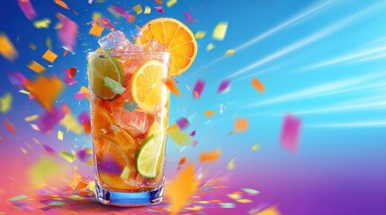 Delicious fruit cocktail in a tall glass with colorful confetti