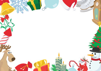 Christmas frame border is decorated with festive holiday icons creating a white blank space for text