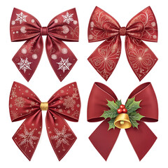 A festive set of shiny red satin bows and ribbons for gift and holiday decoration