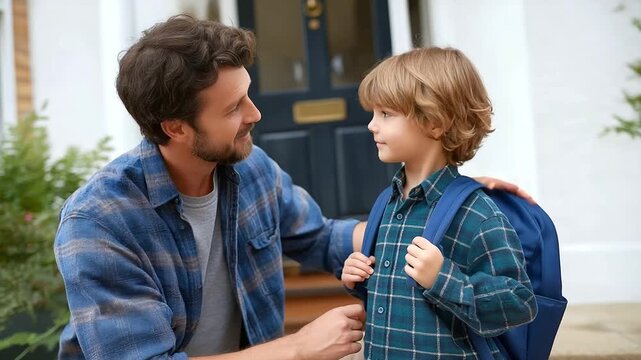 A devoted father assists his son with his morning school routine.