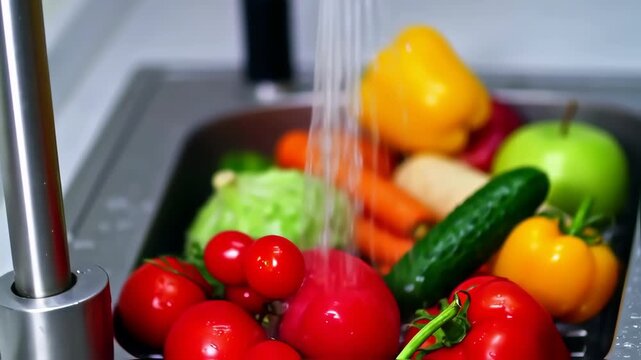 Fresh vegetables being washed in a kitchen sink