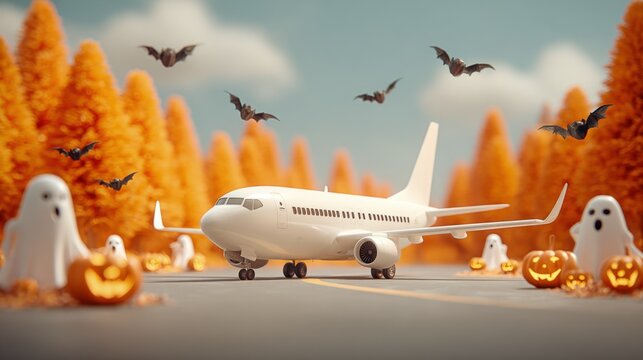 Airplane ready for flight during Halloween season with pumpkins and ghosts in festive autumn landscape