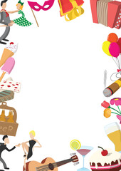 Vertical frame composed of party elements, including dancing couples, musical instruments, food, drinks, and decorations, creating a celebratory atmosphere