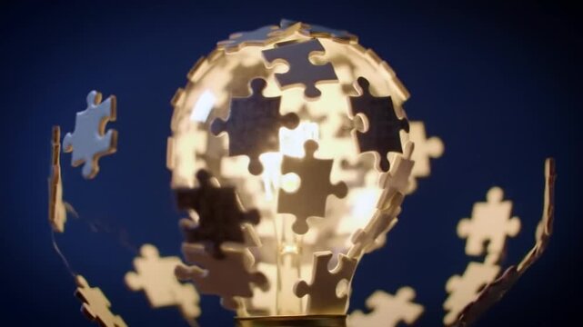 Illuminating ideas with puzzle pieces coming together in a dynamic light bulb concept
