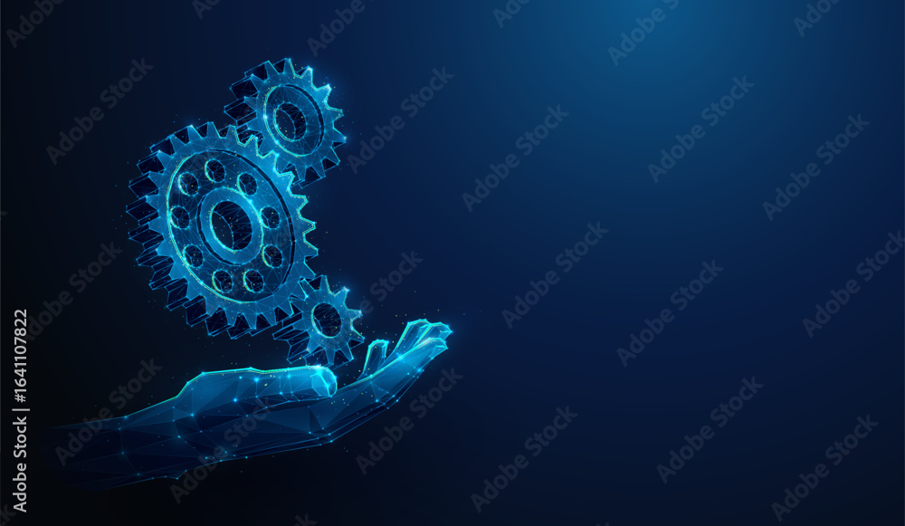 Poster low-poly gears in hand. engineer holds engine made of wireframe mesh. abstract vector illustration d