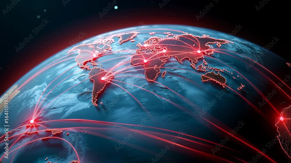 Poster global network digital connection world map glowing lines technology communication data transfer fut