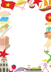 Fototapeta premium Colorful cartoon style frame showcasing vietnamese culture, cuisine, landmarks, and natural beauty, ideal for travel and tourism projects