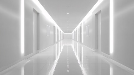 Obraz premium Wide bright minimalist hallway featuring clean white walls, subtle glowing lines, and seamless floor reflections.