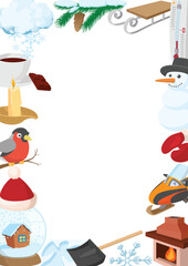 Winter frame with snowman, sled, snowmobile, fireplace, bullfinch, snow globe, hot chocolate, candle and thermometer creating cozy atmosphere
