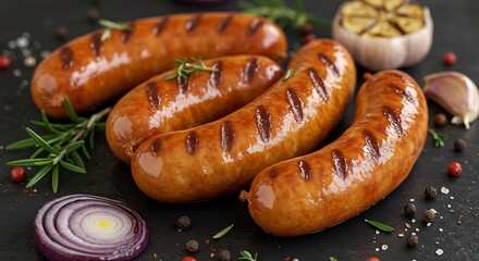 Grilled sausages with rosemary and onion on a dark surface